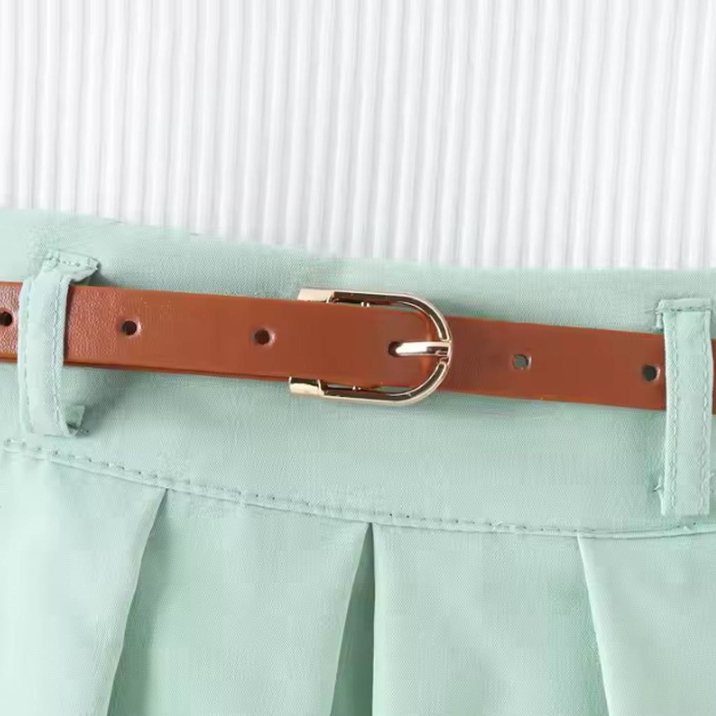 Baby Girl Cute Tank Shirt & High waisted Pleated Skirt With Belt