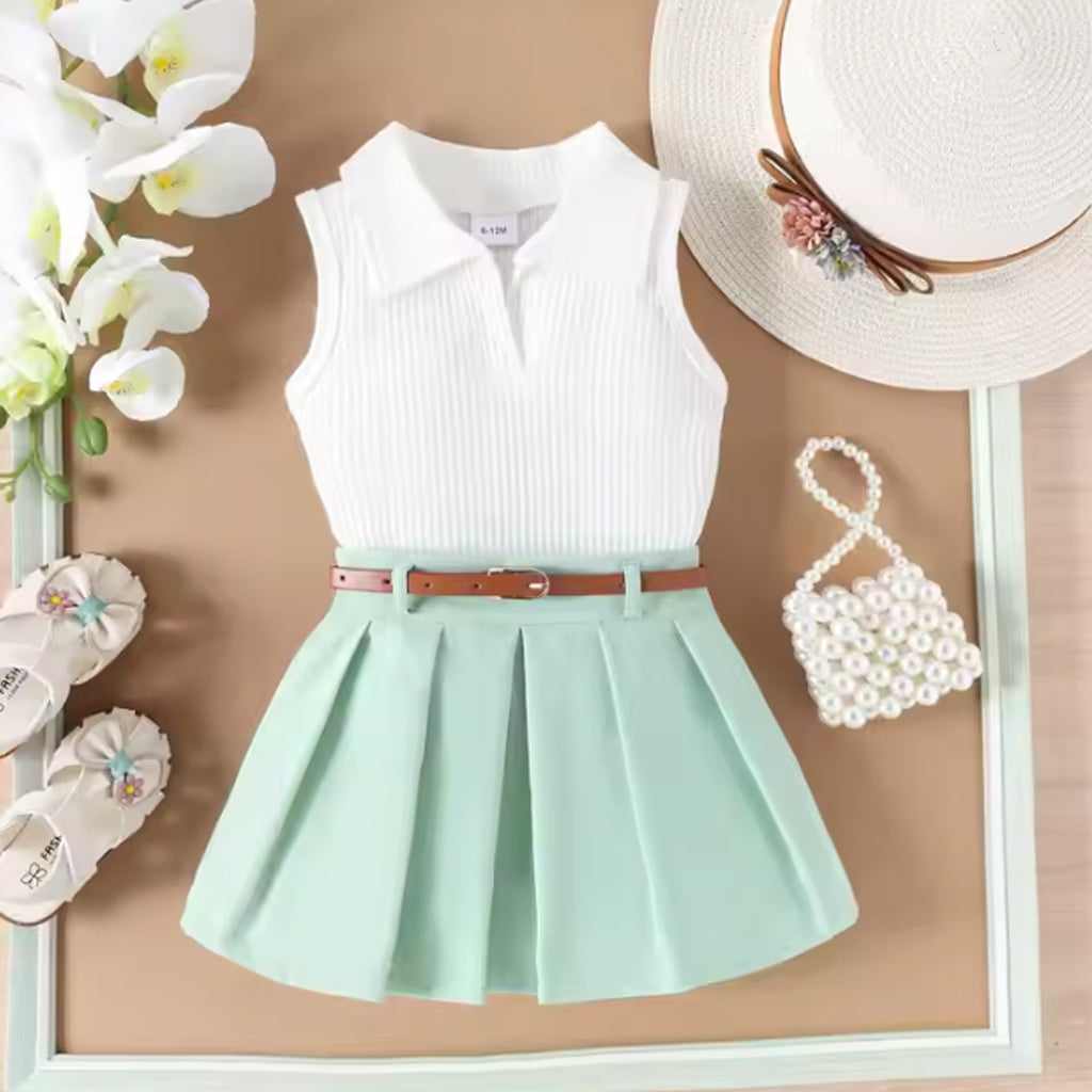 Baby Girl Cute Tank Shirt & High waisted Pleated Skirt With Belt