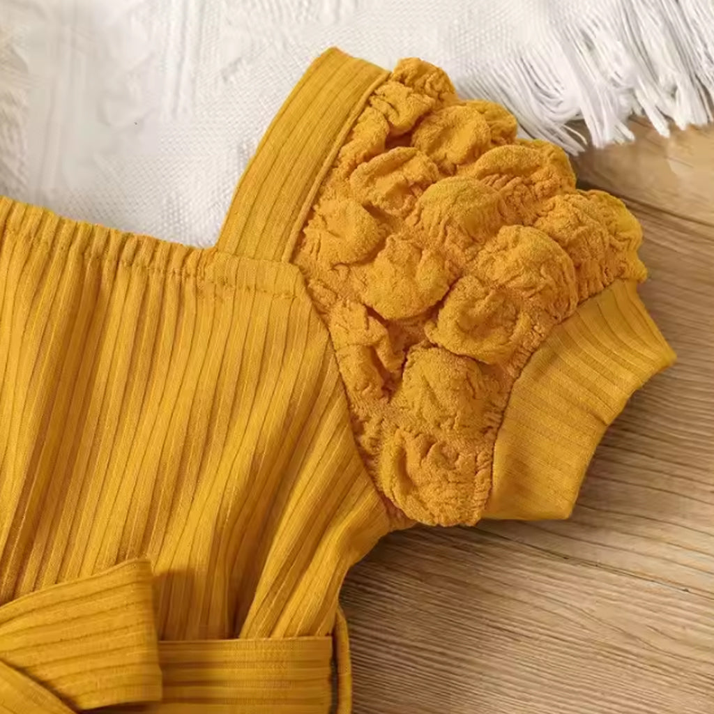 Baby Girls Solid Color Puff Sleeve Belted Romper
