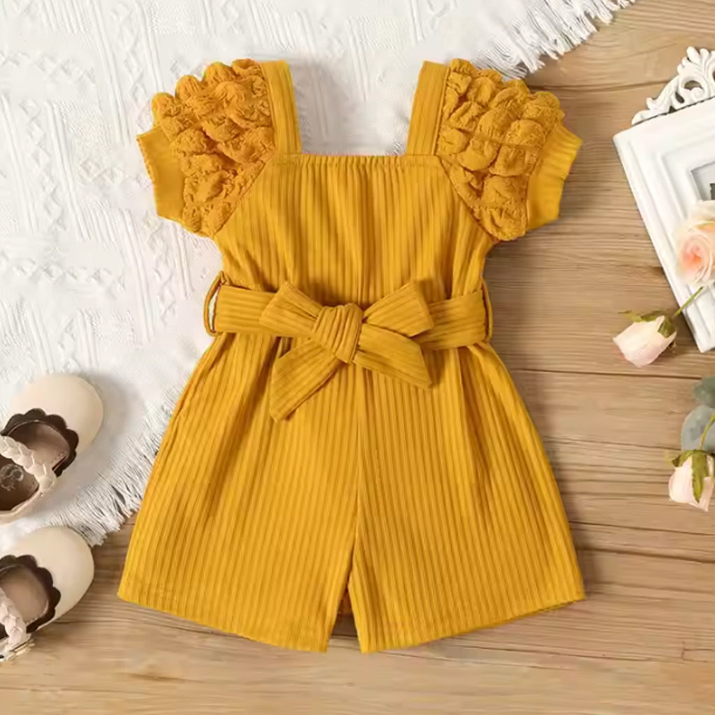 Baby Girls Solid Color Puff Sleeve Belted Romper