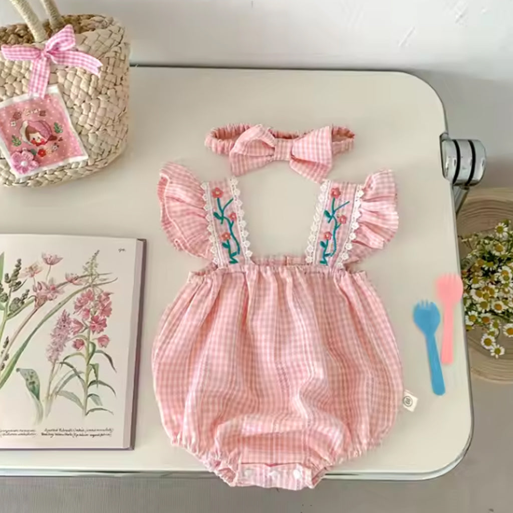 Baby Girl Floral Embroidered Ruffled Flutter-sleeve Romper & Headband Set
