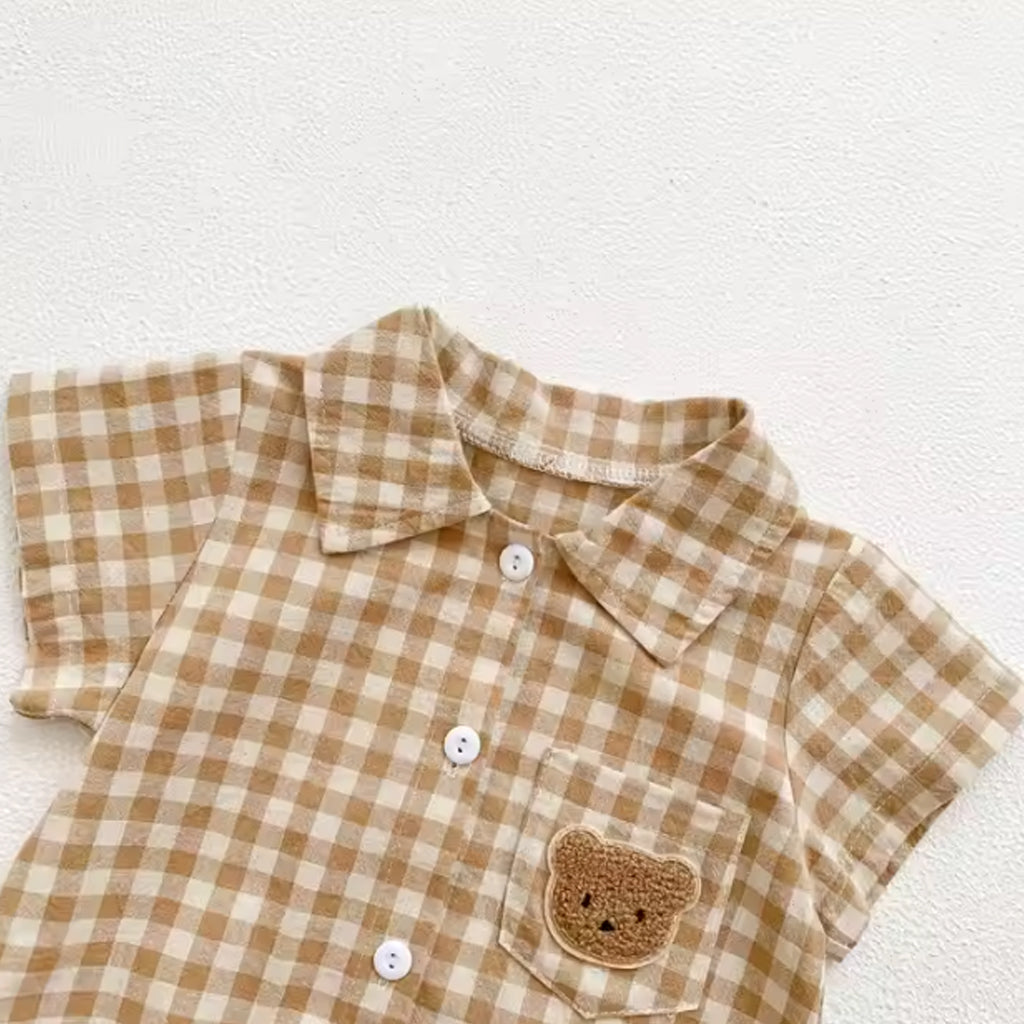 Baby Boy Short-sleeve Lapel Plaid Bear Pocket Cute Bodysuit