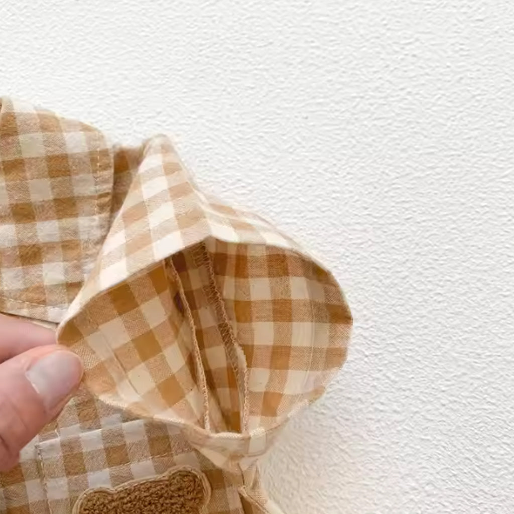 Baby Boy Short-sleeve Lapel Plaid Bear Pocket Cute Bodysuit