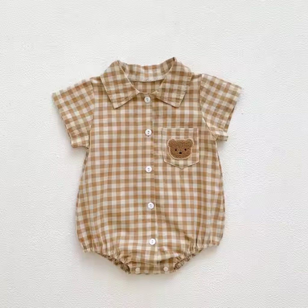 Baby Boy Short-sleeve Lapel Plaid Bear Pocket Cute Bodysuit