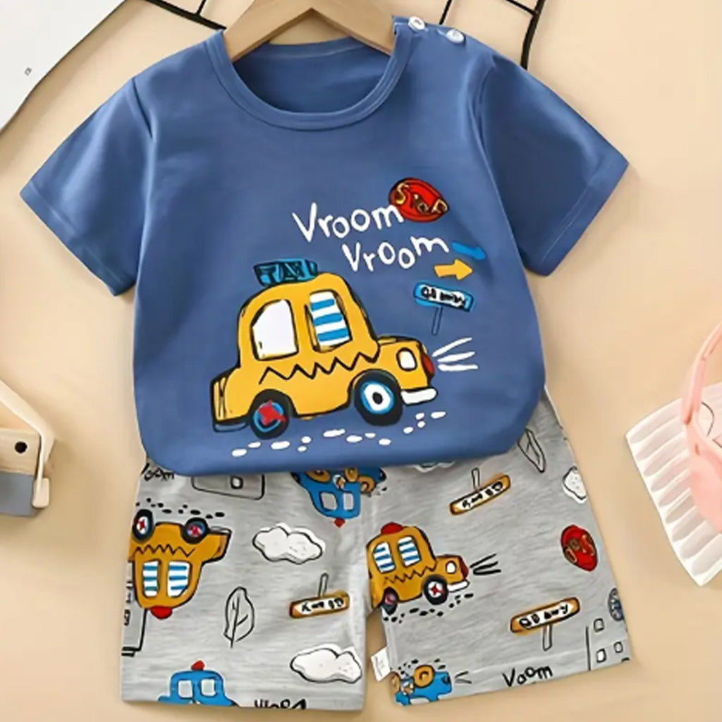 Baby Boy Car Print Round Neck- Tee and Shorts Set
