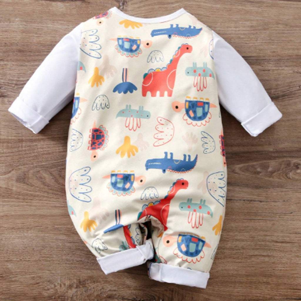 1pc Baby Boy Apricot Cartoon Dinosaur Print Long Sleeve Jumpsuit