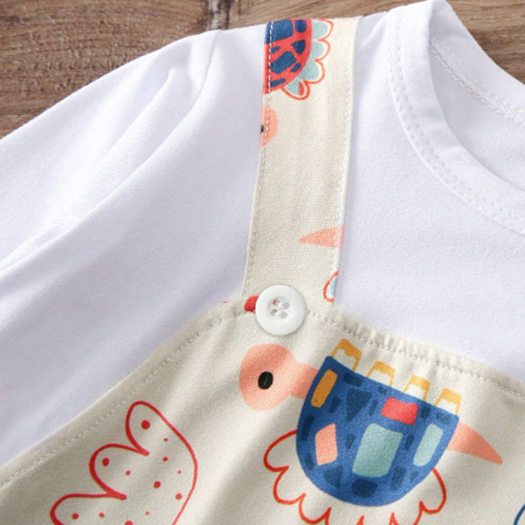 1pc Baby Boy Apricot Cartoon Dinosaur Print Long Sleeve Jumpsuit