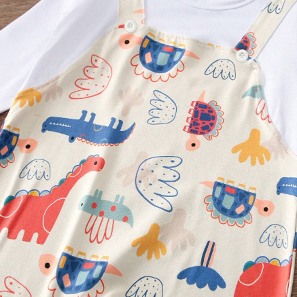 1pc Baby Boy Apricot Cartoon Dinosaur Print Long Sleeve Jumpsuit