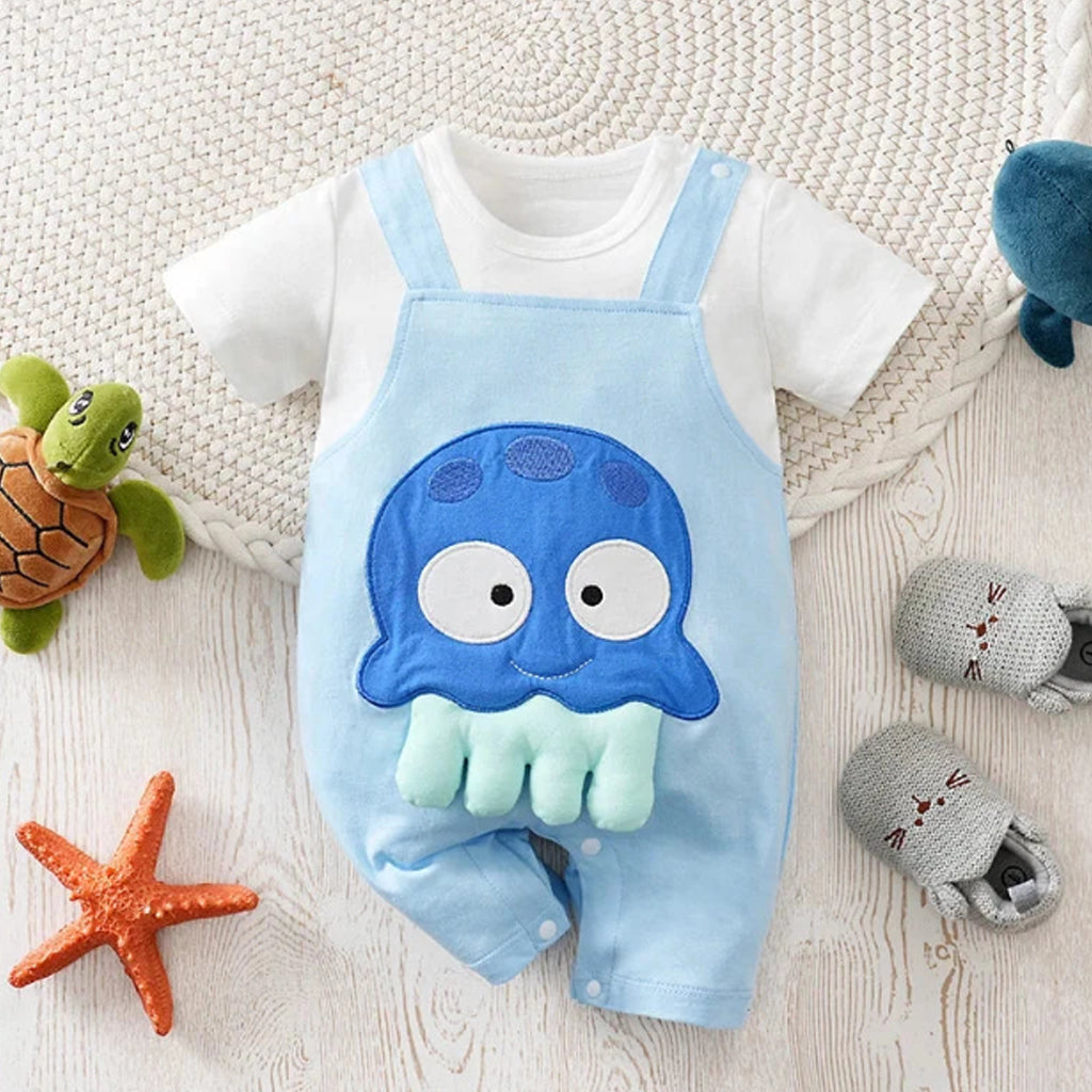 Baby Boy Cute 3D Octopus Design Round Neck Short-Sleeve Romper