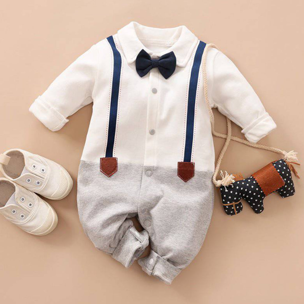 Baby Boy Classic Bow Tie Strap Long-sleeve Solid Jumpsuit