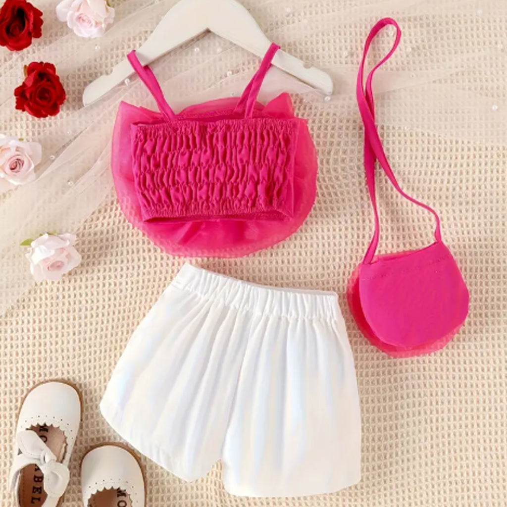 3pcs Baby Girl 3D Mesh Flower Decor Cami Top and Shorts with Crossbody Bag Set
