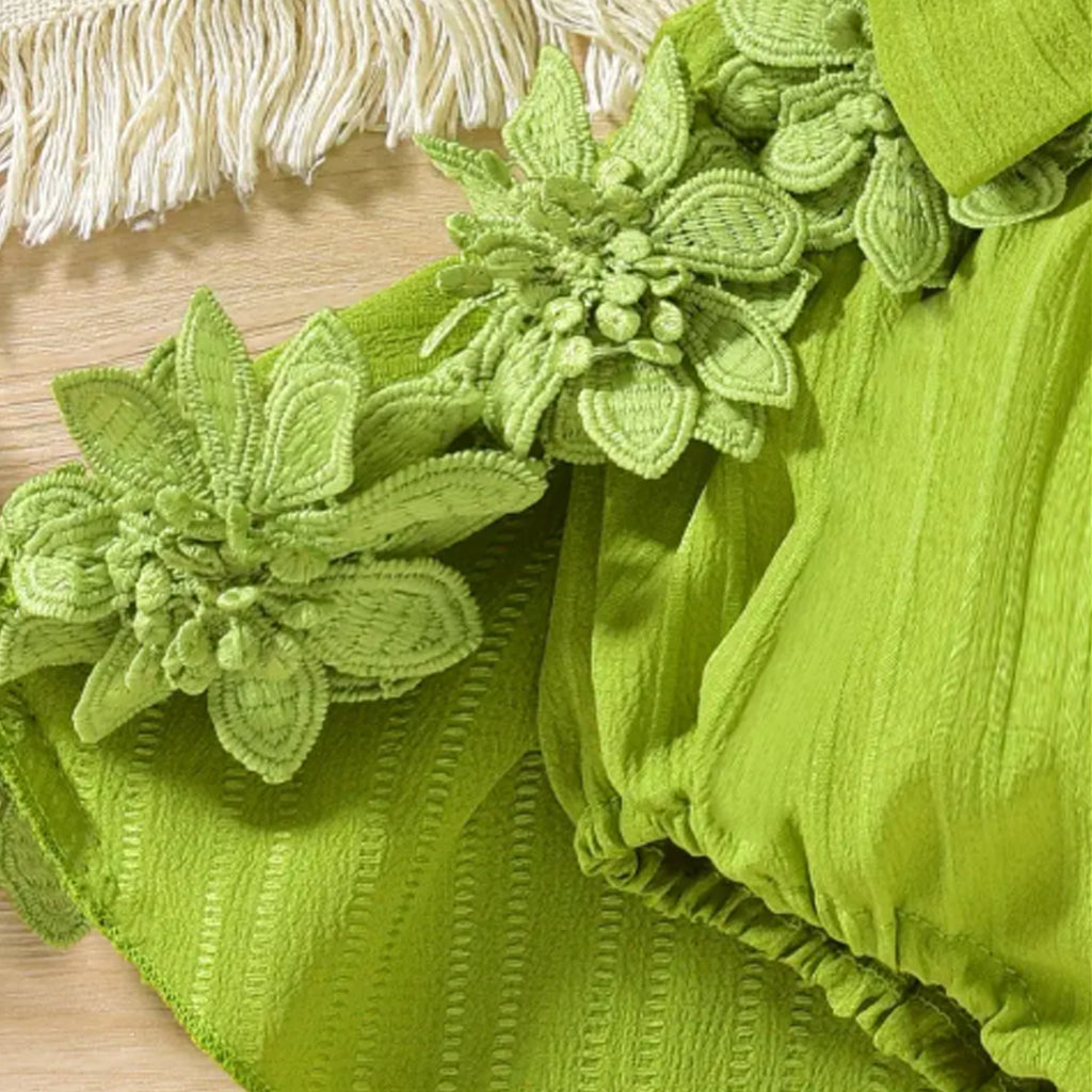 Baby Girl Floral Embellished Lace & Ruffled Short Sleeves Tail Romper with Headband Set