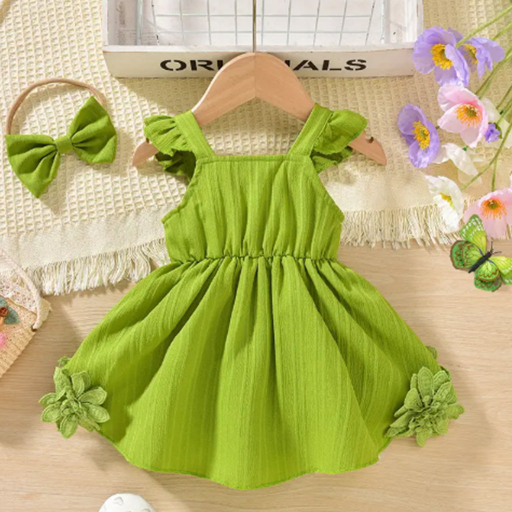 Baby Girl Floral Embellished Lace & Ruffled Short Sleeves Tail Romper with Headband Set