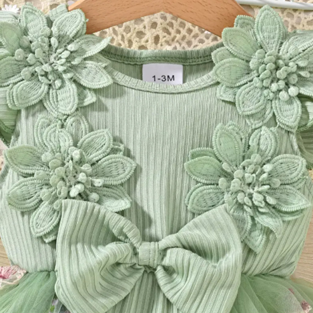 2pcs Baby Girls Ruffle Sleeve 3D Flower Patchwork Tulle Bowknot Romper