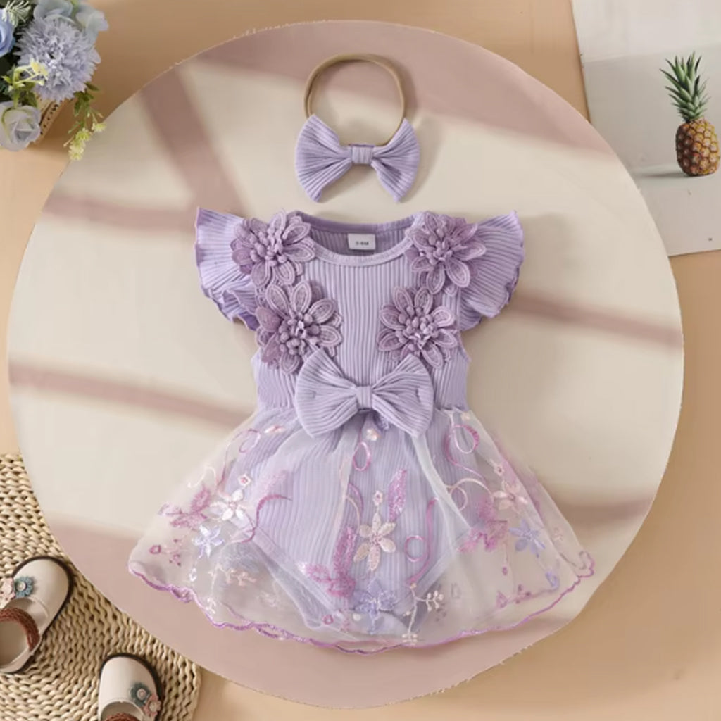 2pcs Baby Girls Elegant Lace Patchwork and Floral Embroidery Mesh Romper with Headband Set