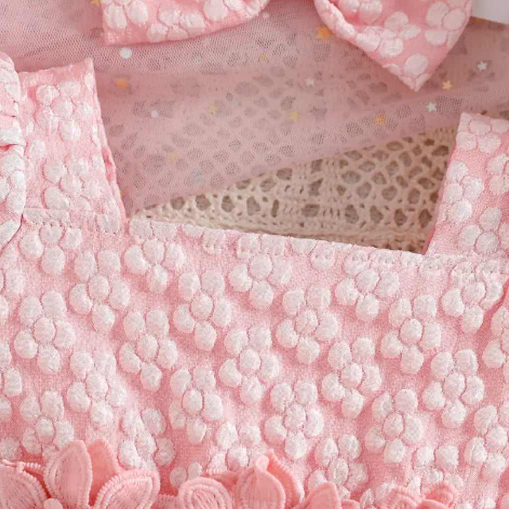 2pcs Baby Girls Flower Embroidered Square Neckline Puff-sleeve Tulle Romper With Headband Set