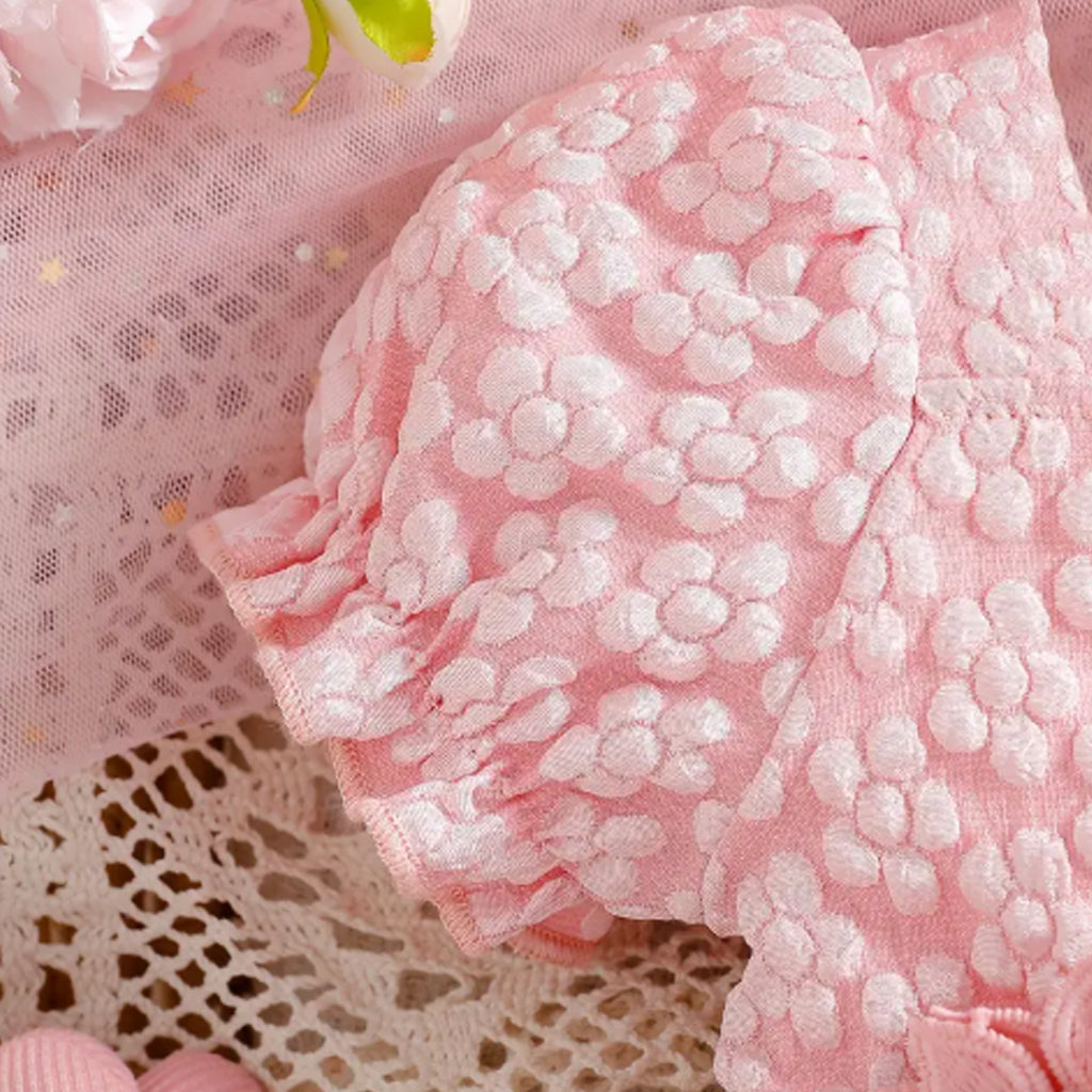 2pcs Baby Girls Flower Embroidered Square Neckline Puff-sleeve Tulle Romper With Headband Set