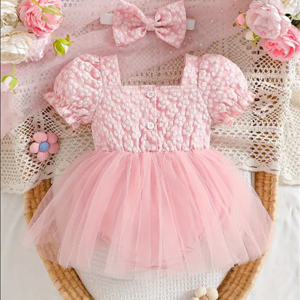 2pcs Baby Girls Flower Embroidered Square Neckline Puff-sleeve Tulle Romper With Headband Set