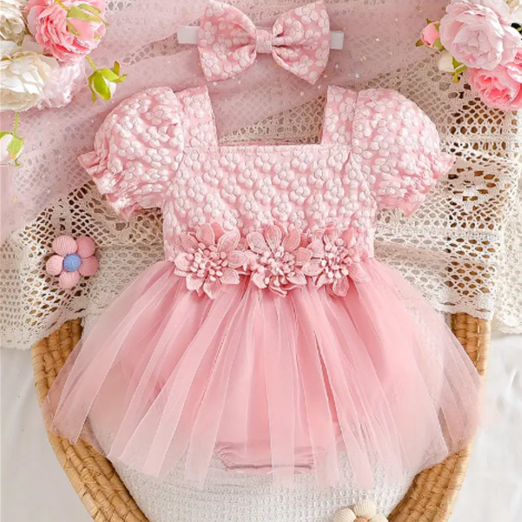 2pcs Baby Girls Flower Embroidered Square Neckline Puff-sleeve Tulle Romper With Headband Set