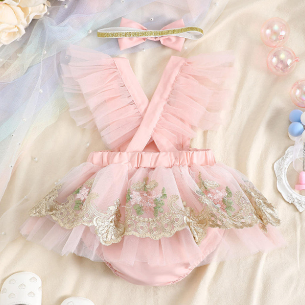 2pcs Baby Girl Patchwork Flower Embroidery Ruffle Sleeve Mesh Party Romper With Headband