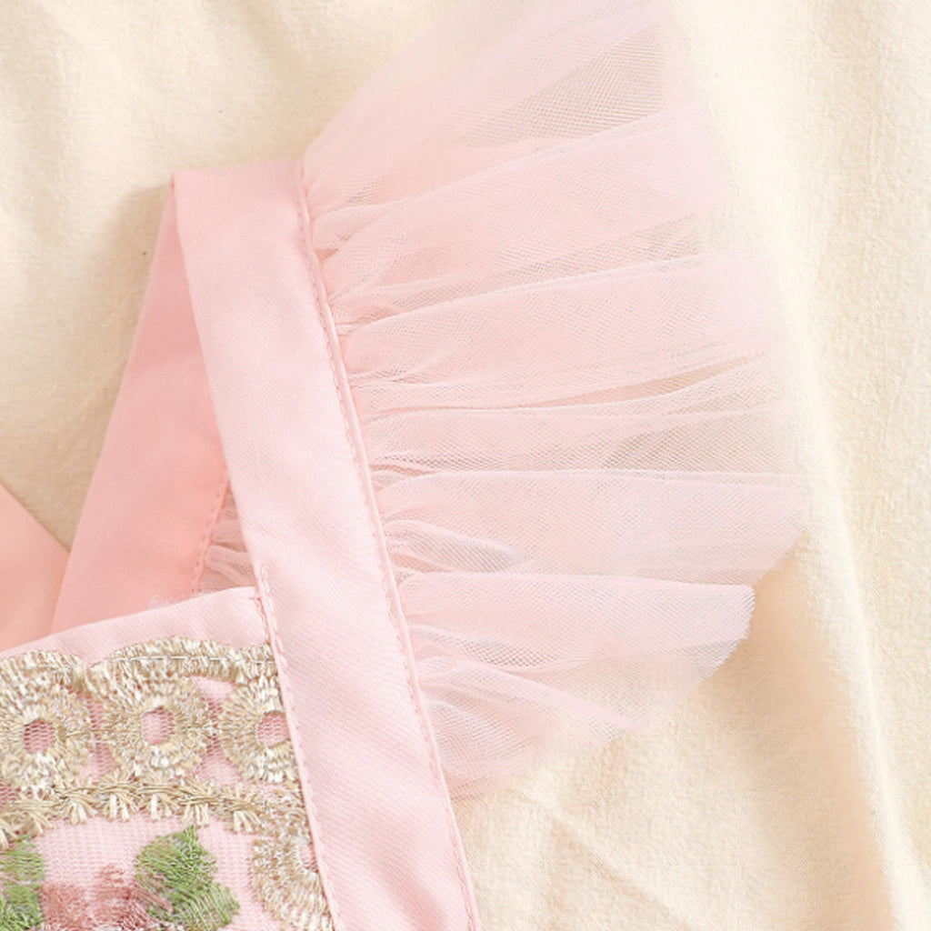 2pcs Baby Girl Patchwork Flower Embroidery Ruffle Sleeve Mesh Party Romper With Headband