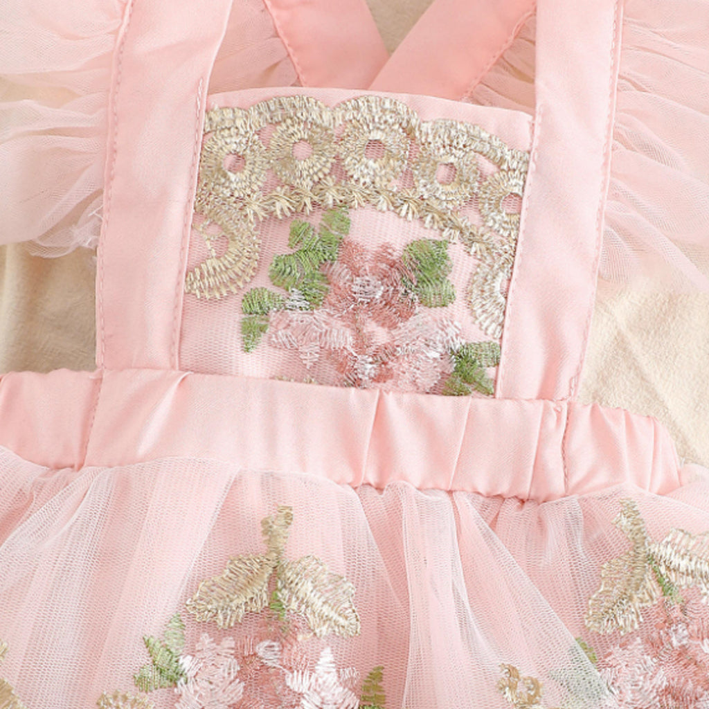2pcs Baby Girl Patchwork Flower Embroidery Ruffle Sleeve Mesh Party Romper With Headband
