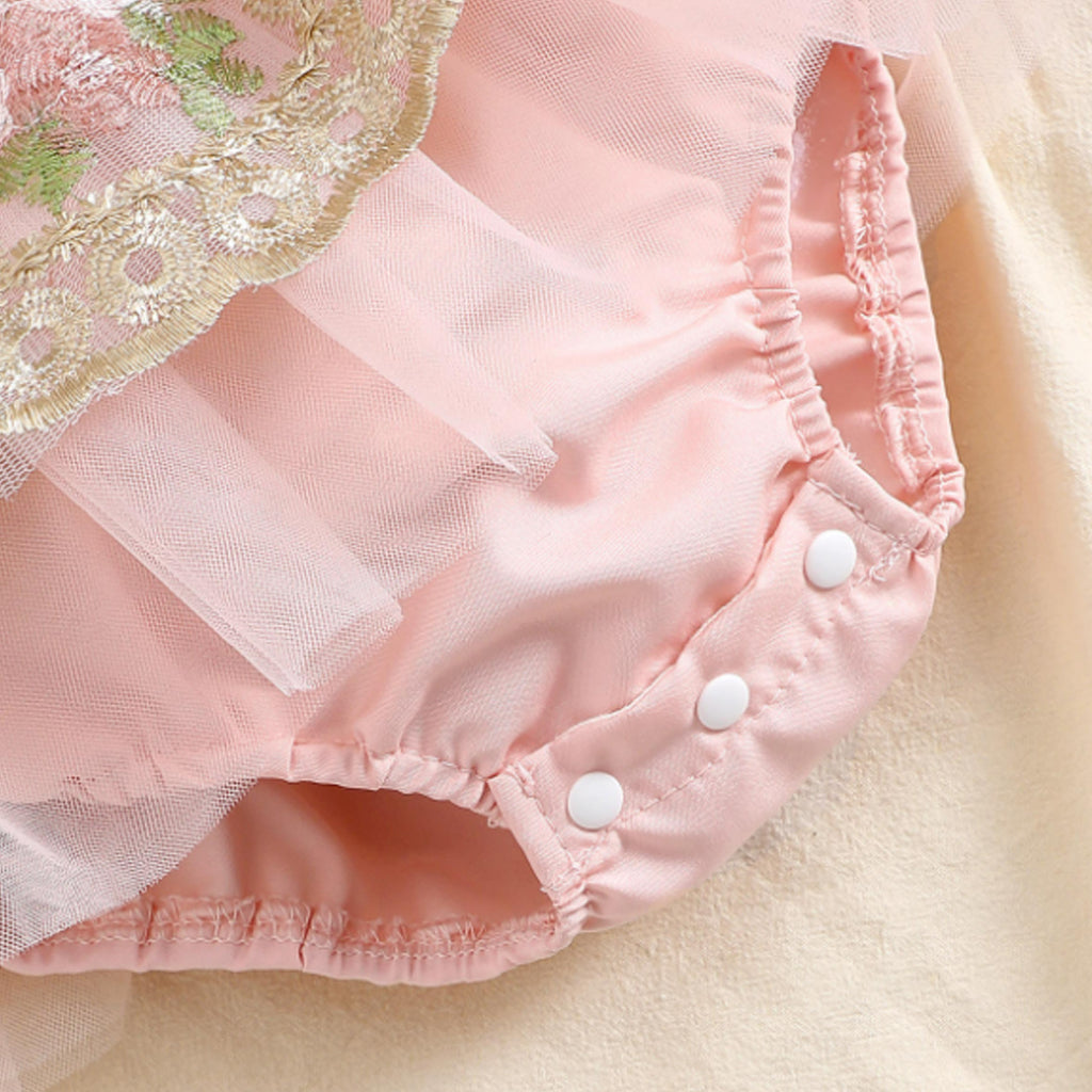 2pcs Baby Girl Patchwork Flower Embroidery Ruffle Sleeve Mesh Party Romper With Headband