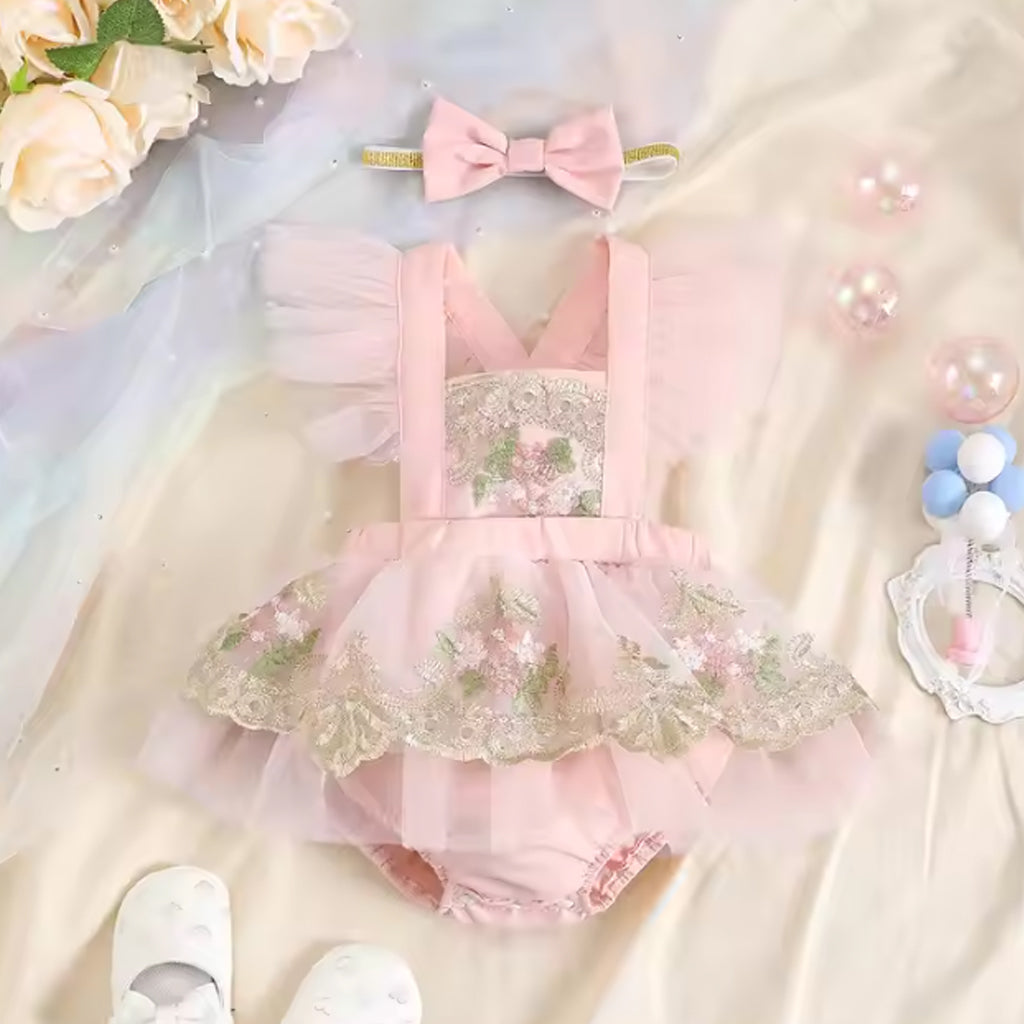 2pcs Baby Girl Patchwork Flower Embroidery Ruffle Sleeve Mesh Party Romper With Headband