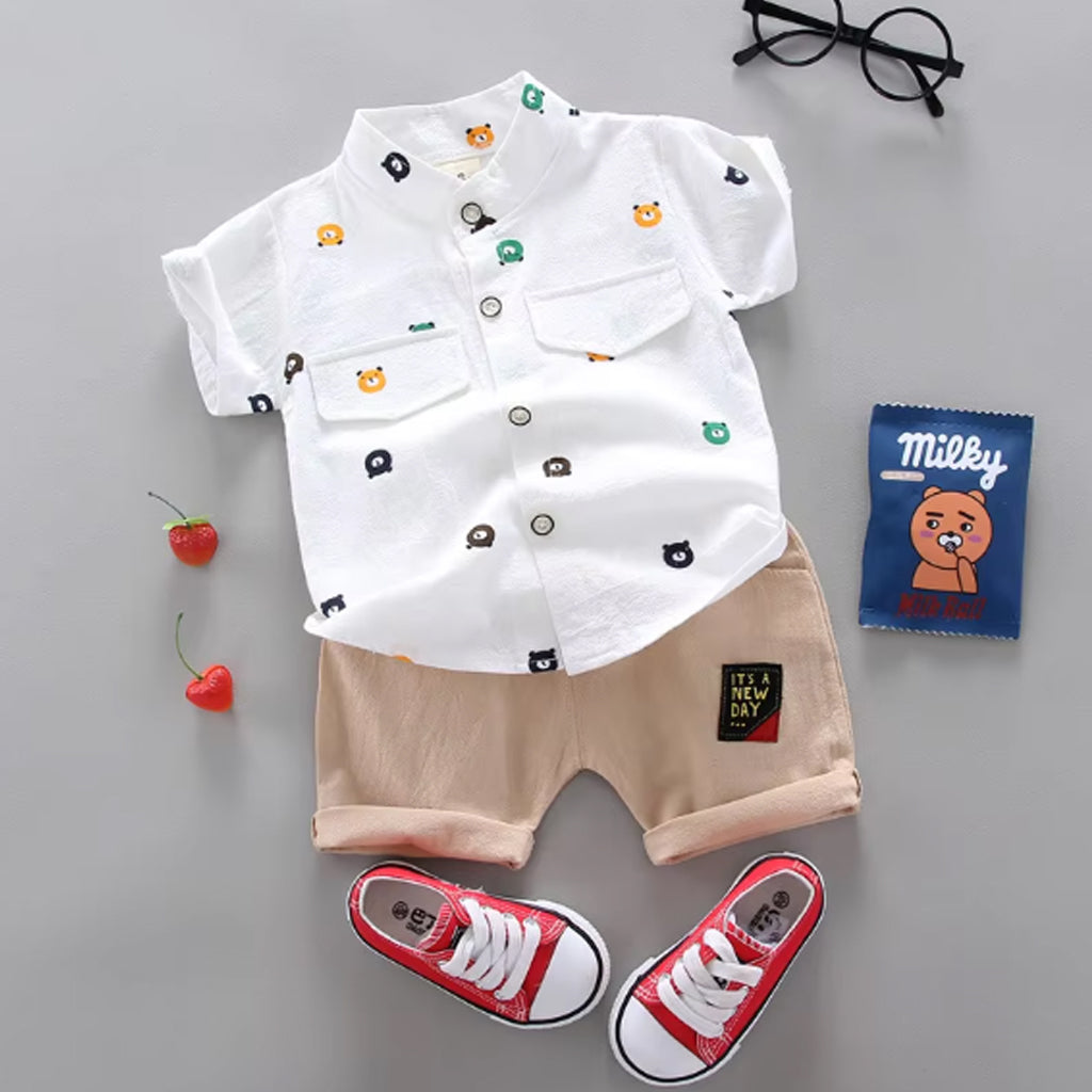 Baby Boy Cute Bear Print Button-Down Shirt and Shorts Set