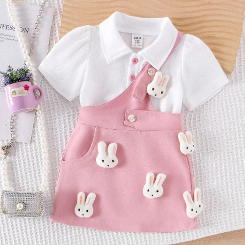 2pcs Baby Girl White Short-Sleeve Tee And Stylish Bunny Patch Overall Set