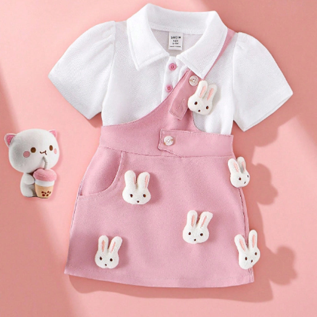 2pcs Baby Girl White Short-Sleeve Tee And Stylish Bunny Patch Overall Set
