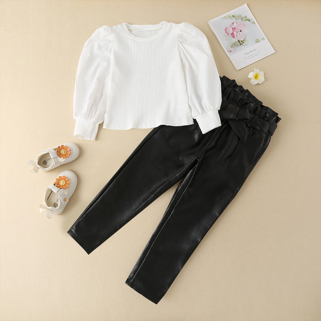 2pcs Toddler Girl Puff-sleeve Top and Belted Faux Leather Pants Set