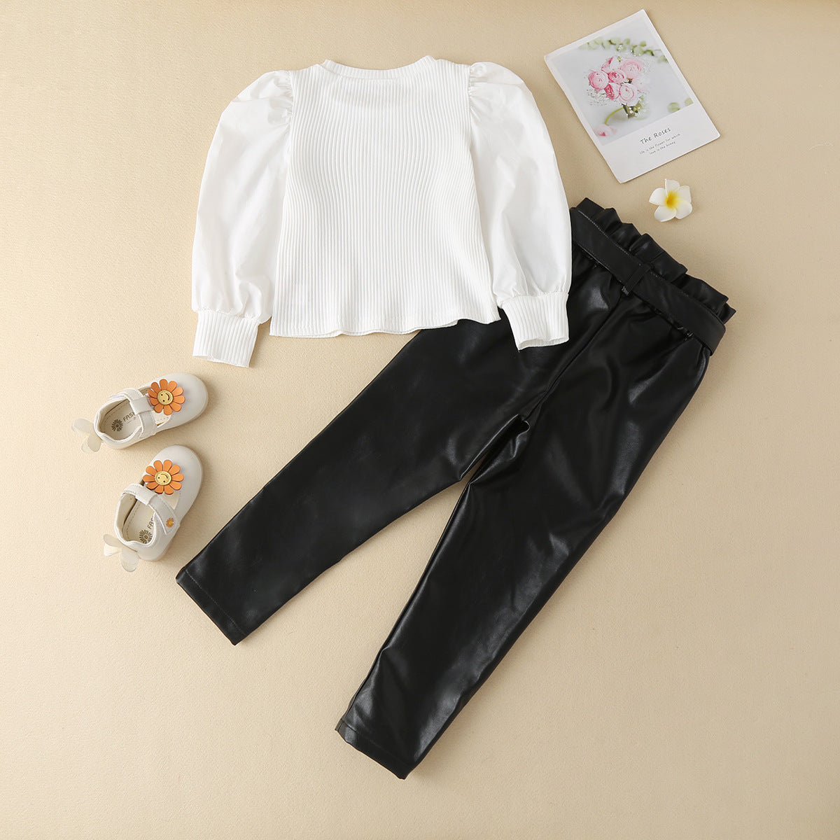 2pcs Toddler Girl Puff-sleeve Top and Belted Faux Leather Pants Set