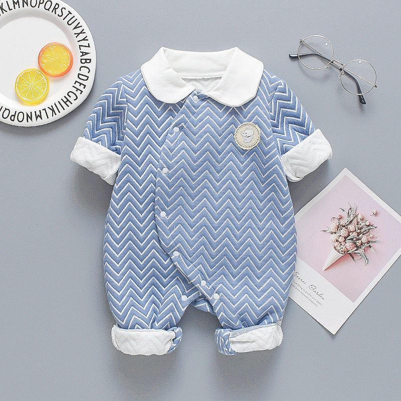Baby Boy Lapel Collar Zig-zag Lining Design Long-sleeve Jumpsuit