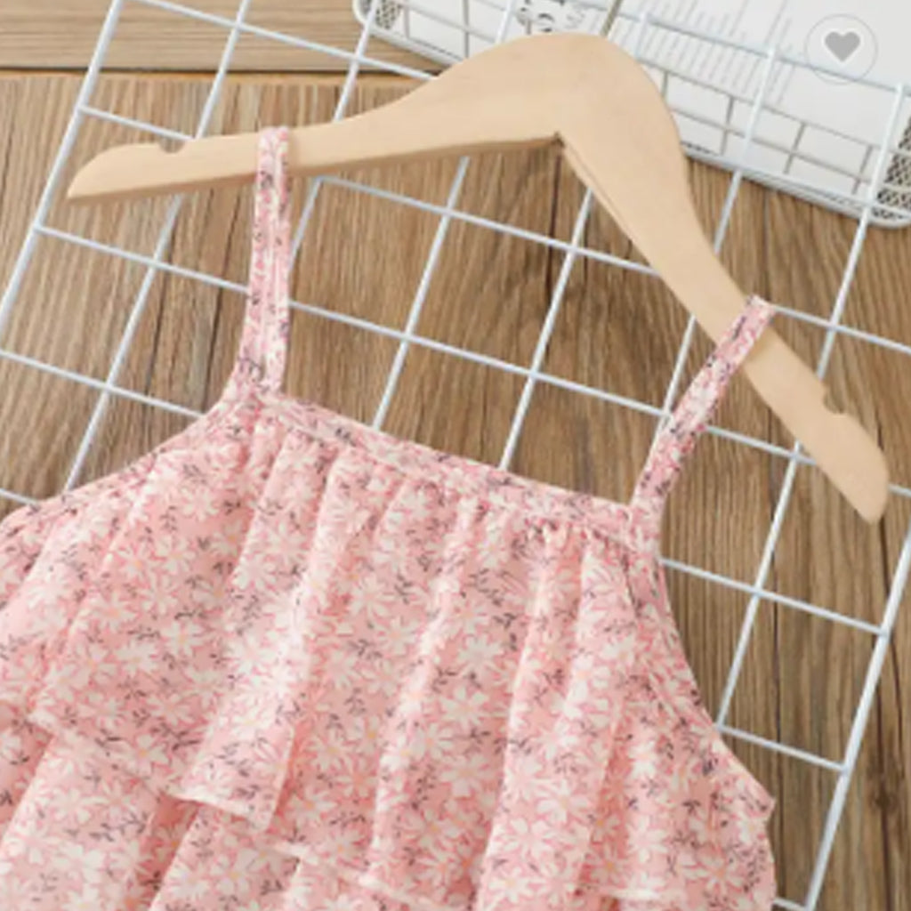 Baby Girl Floral Print Flounce Layered Sleeveless Tank Top & Shorts Set