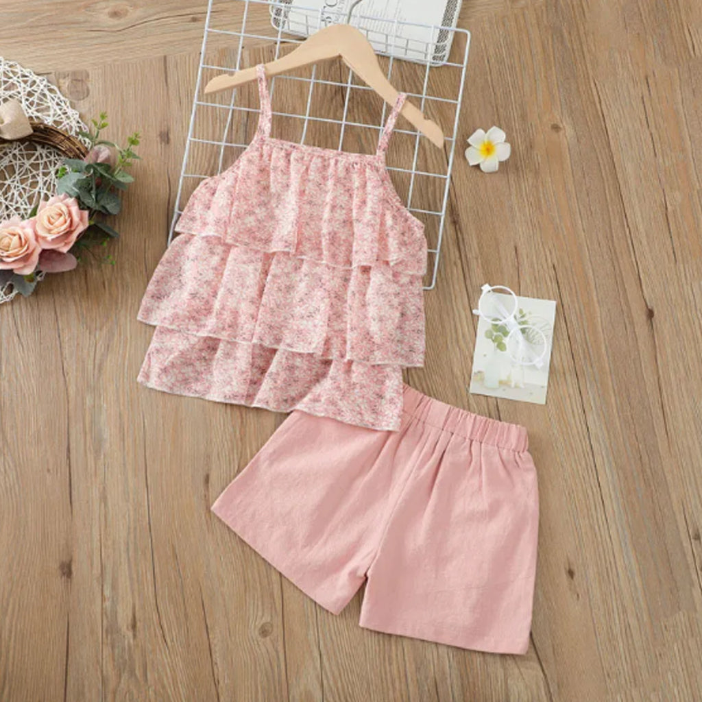 Baby Girl Floral Print Flounce Layered Sleeveless Tank Top & Shorts Set