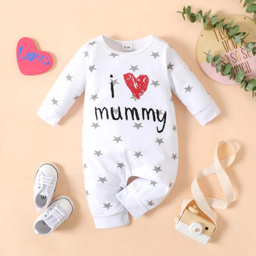 Mothers Day Baby BoyGirl Love Heart Letter Print StarsStriped Long-sleeve Jumpsuit