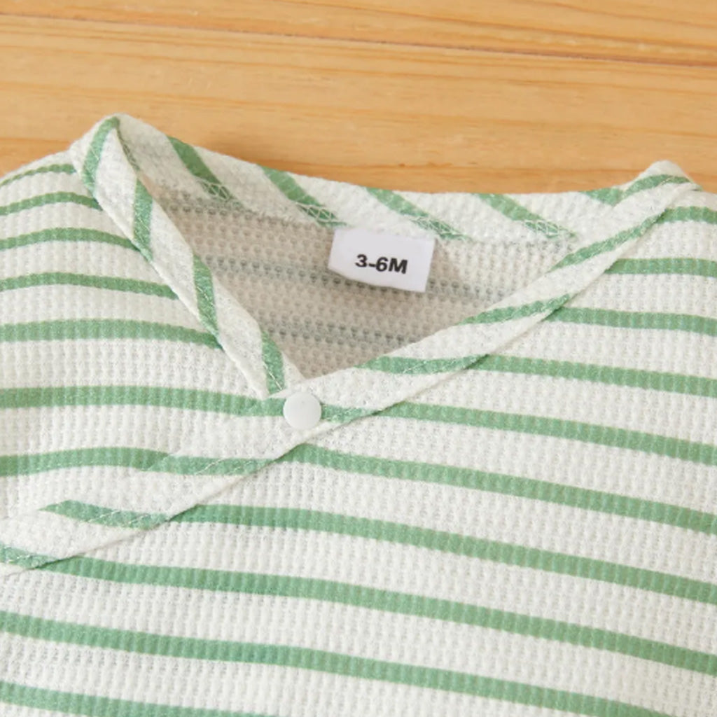 Baby Girl Striped Ribbed V Neck Long-sleeve Button Jumpsuit