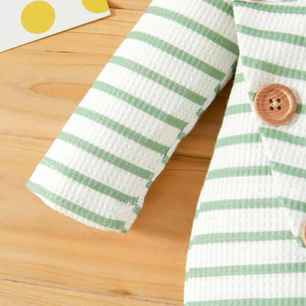 Baby Girl Striped Ribbed V Neck Long-sleeve Button Jumpsuit