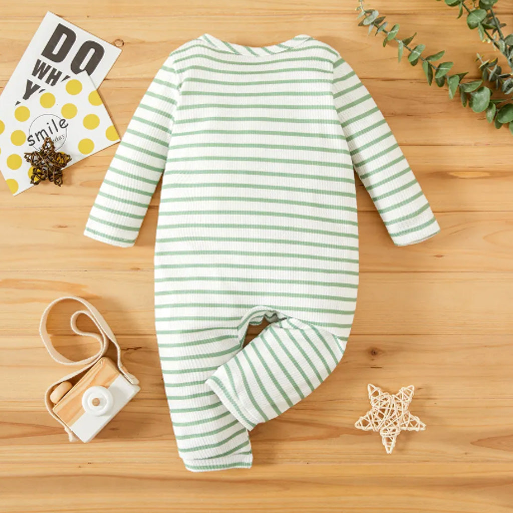 Baby Girl Striped Ribbed V Neck Long-sleeve Button Jumpsuit