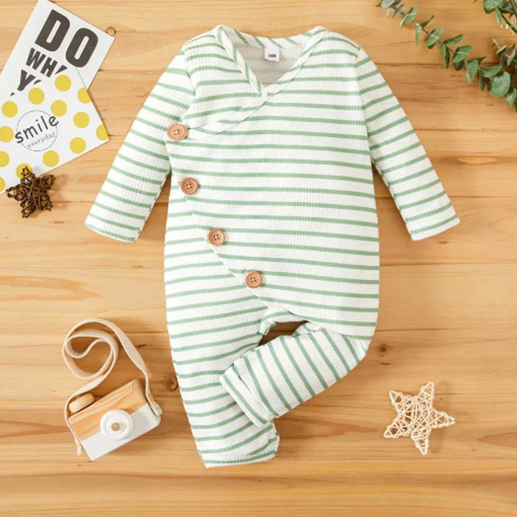 Baby Girl Striped Ribbed V Neck Long-sleeve Button Jumpsuit