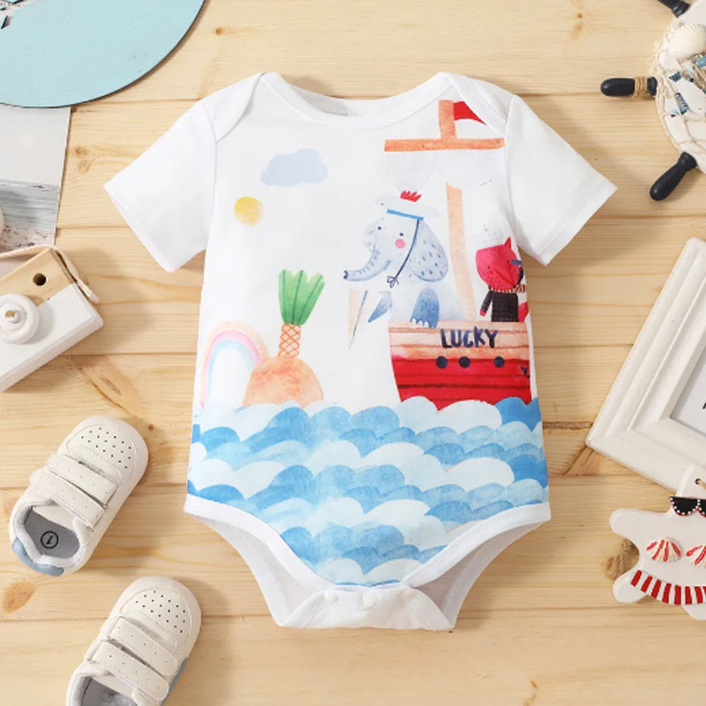 Baby Boy Cartoon Elephant Print White Short-sleeve Romper