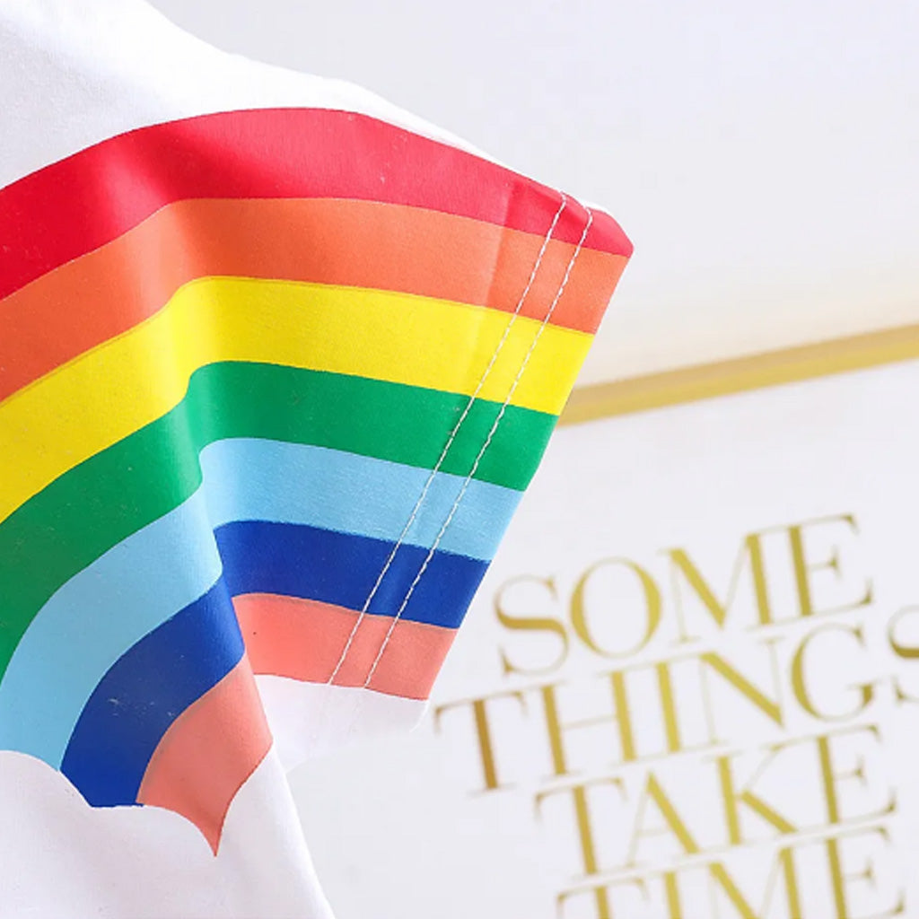 2pcs Toddler BoyGirl Playful Denim Shorts Rainbow Sun Print Tee Set