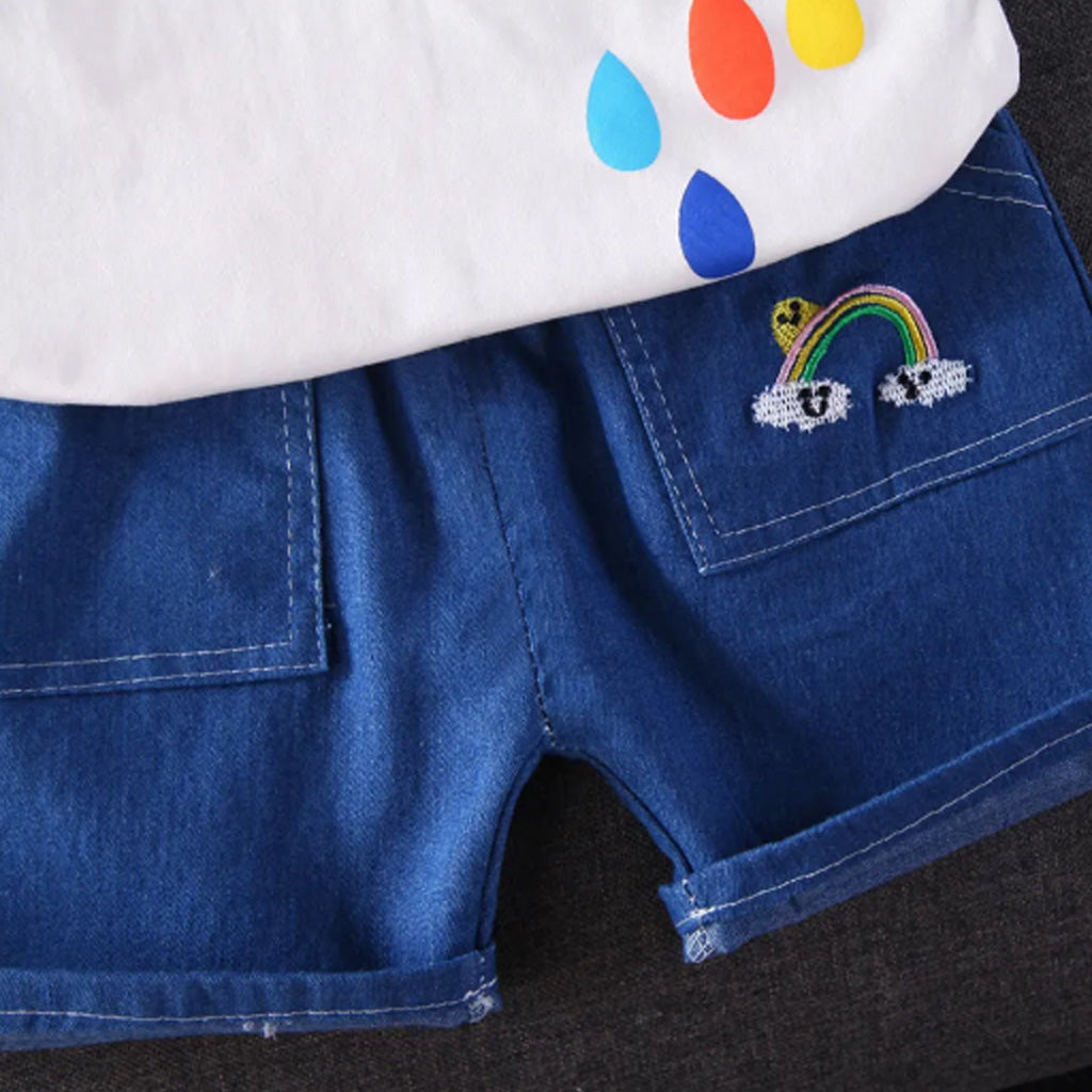 2pcs Toddler BoyGirl Playful Denim Shorts Rainbow Sun Print Tee Set