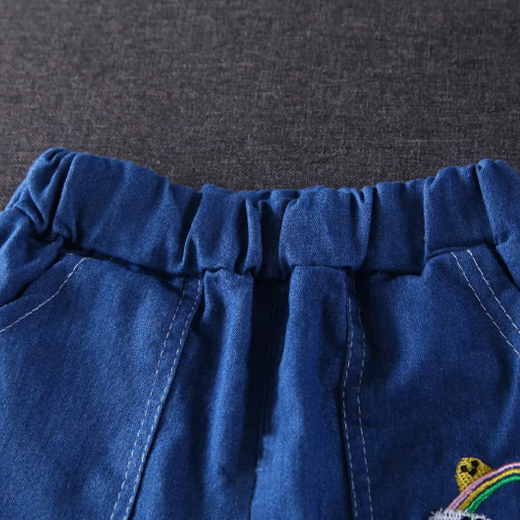 2pcs Toddler BoyGirl Playful Denim Shorts Rainbow Sun Print Tee Set