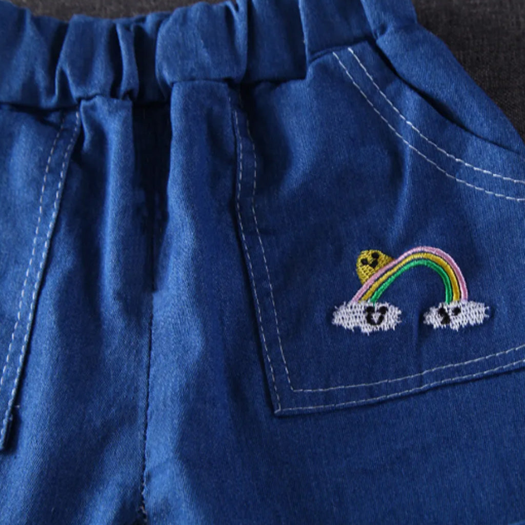 2pcs Toddler BoyGirl Playful Denim Shorts Rainbow Sun Print Tee Set