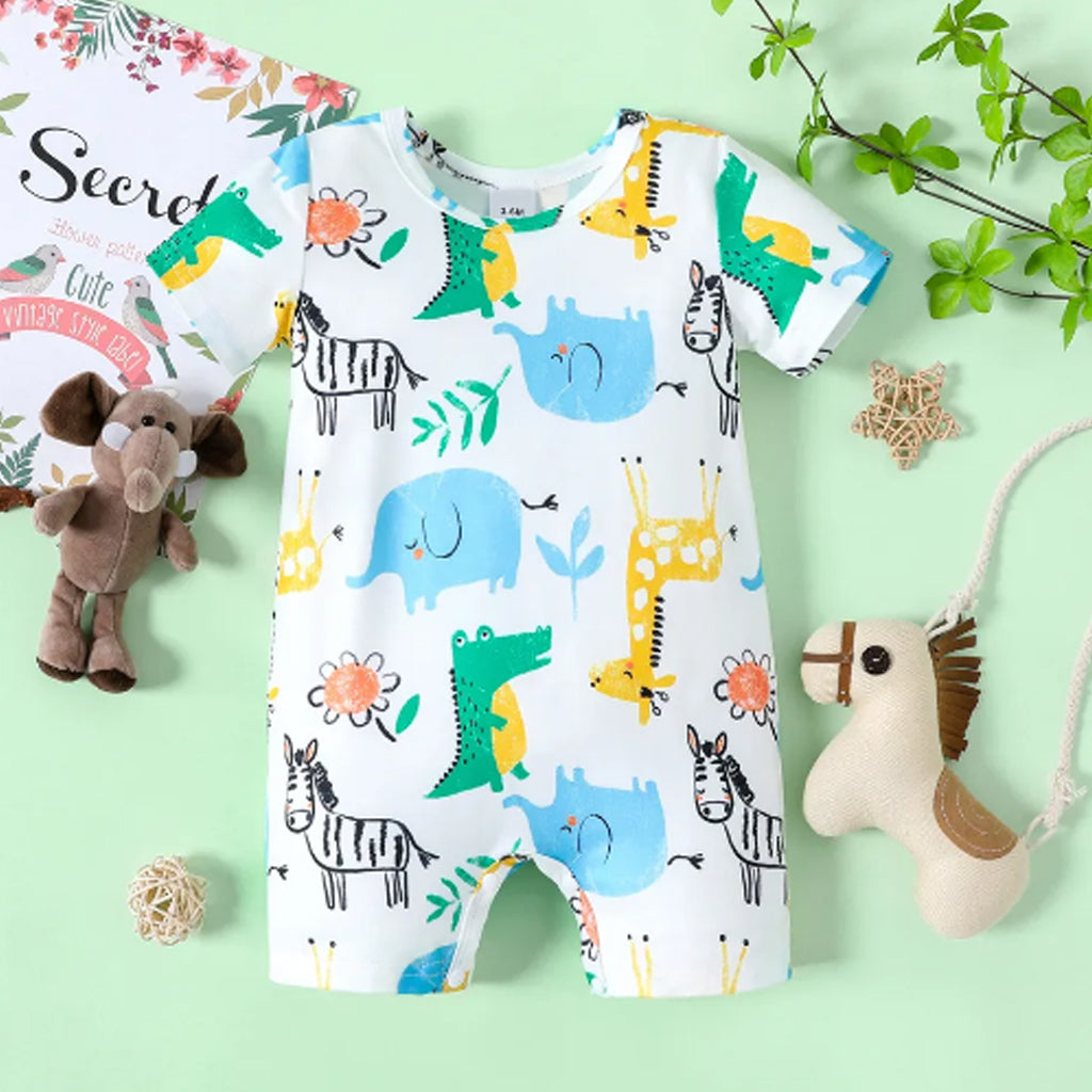 Baby Boy All Over Cartoon Animal Print Short-sleeve Romper