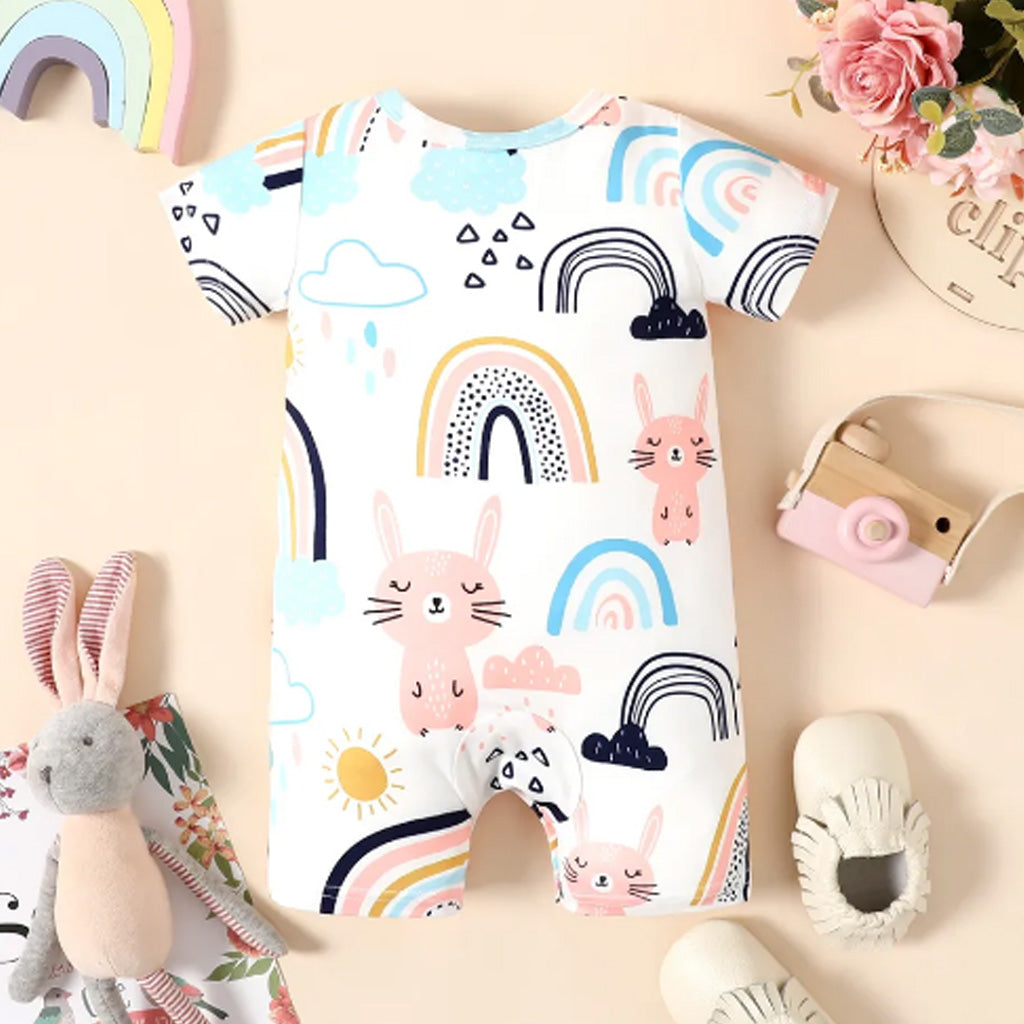 Baby Girl Cartoon Rabbit Print Short-sleeve Romper