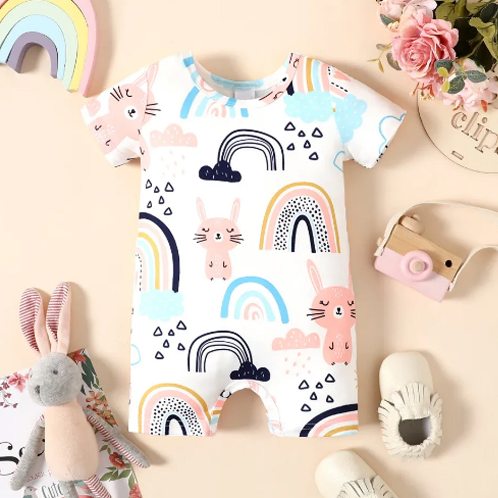 Baby Girl Cartoon Rabbit Print Short-sleeve Romper