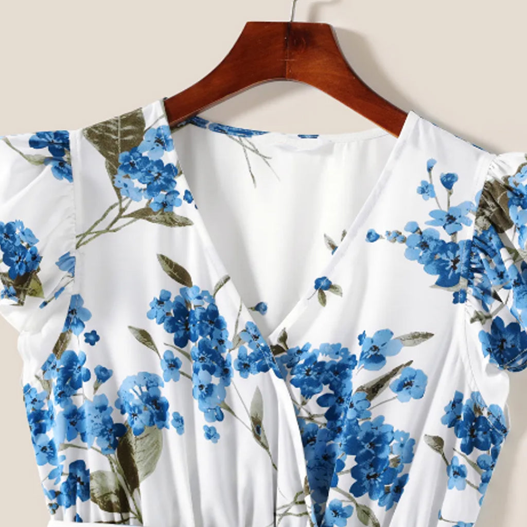 All Over Blue Floral Print Cross Wrap V Neck Flutter-sleeve Belted Dress